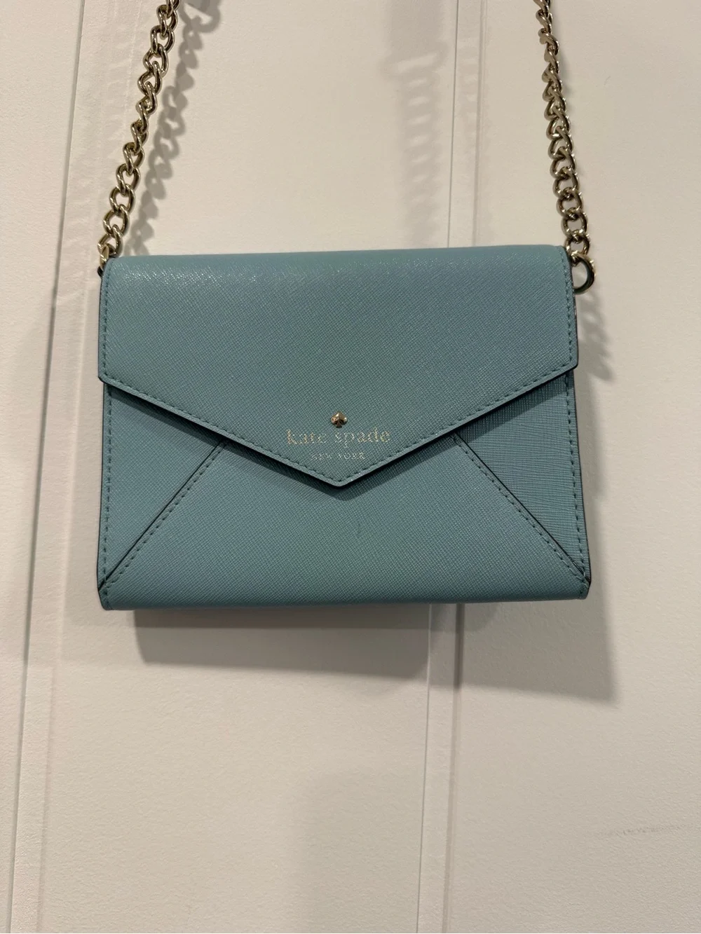 KATE SPADE MONDAY Leather Saffiano Envelope Small Clutch Wallet purse Light Blue
